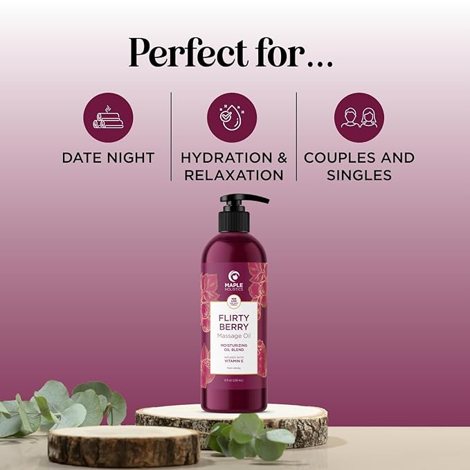 Luxurious Vanilla & Flirty Berry Massage Oil Set - Aromatherapy Full Body Massage Oil for Couples Bundle with Naturally Scented Vegan & Non GMO Ingredients (8 Fl Oz Each)
