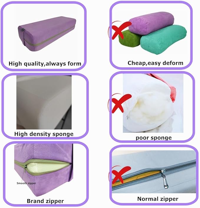 NGT new guide steps Yoga Bolster Pillow for Meditation and Support - Rectangular Yoga Cushion Foam Wedges Washable Suede Pillowcase for Men and Women with Carry Handles. (Purple)