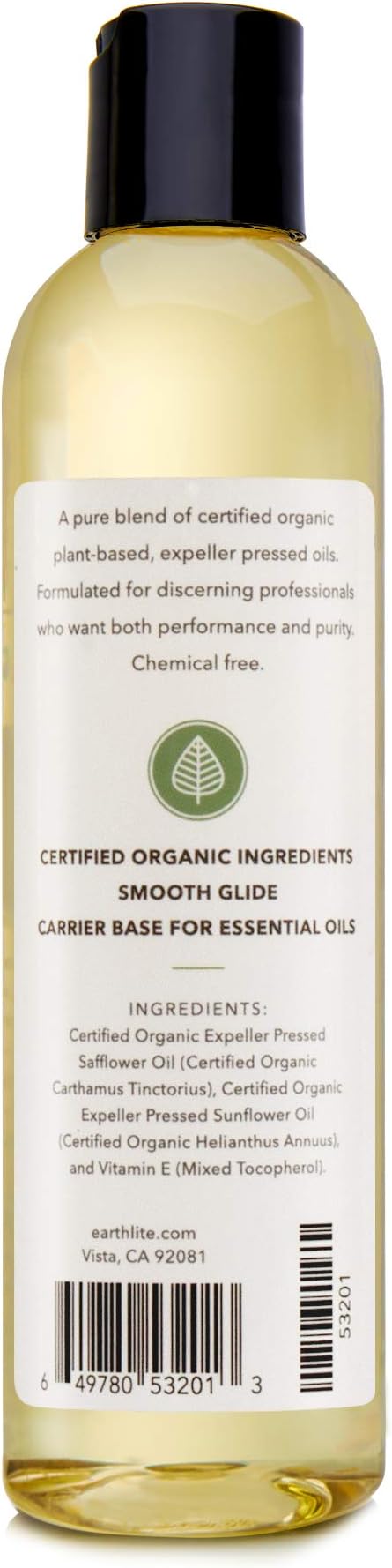 EARTHLITE Pure Organic Massage Oil - Chemical Free, 100% Certified Organic, High Quality for Therapists & Clients, Unscented, 8 oz