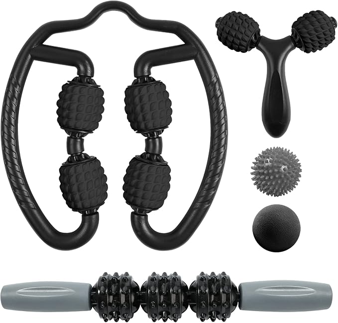 Odoland Massage Set - 360 Trigger Point, Muscle Roller Stick, Y Shaped Handheld, 2 Massage Balls for Legs, Arms - Myofascial & Deep Tissue Pain Relief - Black