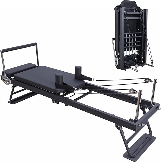 Foldable Pilates Reformer, Home Fitness Pilates Machine, Aluminum Sliding High Platform Design, 120kg Load Capacity Portable Roller, 197cm Multifunctional Yoga Studio Exercise Equipment