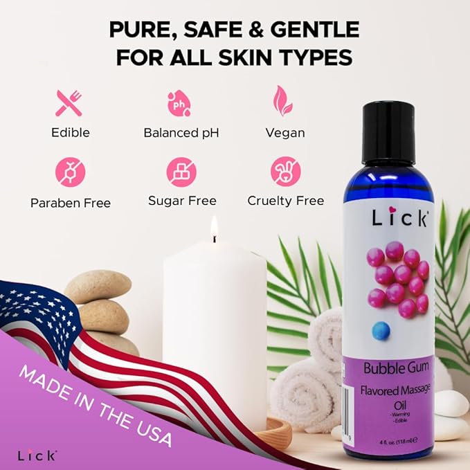 Lick Bubble Gum Flavored Massage Oil – Candy-Inspired Edible Massage Oil with Sweet Almond Oil & Vitamin E, Playful Smooth Glide for Couples Massage, 4 oz