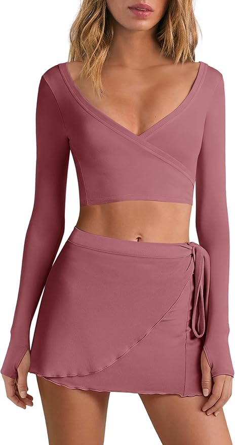 Nirovien Womens 2 Piece Workout Sets Sexy Pilates Outfits Athletic Gym Yoga Sets Ballet Wrap Top and Skirt