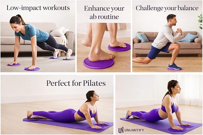 Core Sliders for Carpet & Hard Floors – Dual-Sided Exercise Discs for Home Workouts, Pilates & Ab Training, Smooth & Carpet Gliding Design with Storage Bag (Purple)