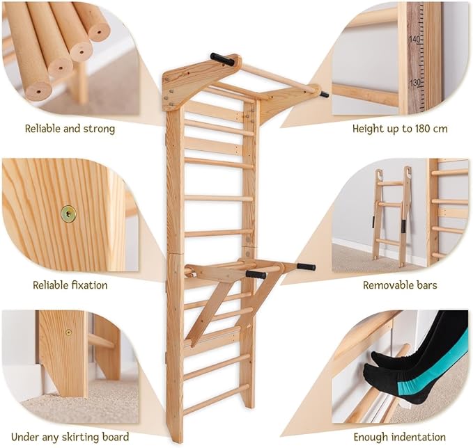 Swedish Ladder Wall Bars with Pull-Up Bar & Dip Station – Wooden Stall Bars, Multifunctional Home Gym Wall Ladder for Strength Training & Stretching