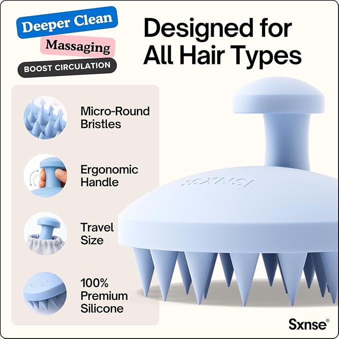 SXNSE - Revive Silicone Scalp Massager, Arctic - Manual Hair & Scalp Scrubber for Dandruff, Buildup, Itch, & Hair Growth - Soft Exfoliating Silicone Bristles for Wet & Dry Hair, Flake-Free Finish