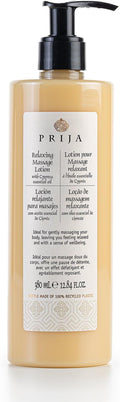 Prija Relaxing Massage Lotion formulated with Cypress Essential Oil (12.84 fl oz) - Relaxing and Moisturizing - Vegan Friendly - Dermatologically Tested - Made with 100% Recycled Bottle
