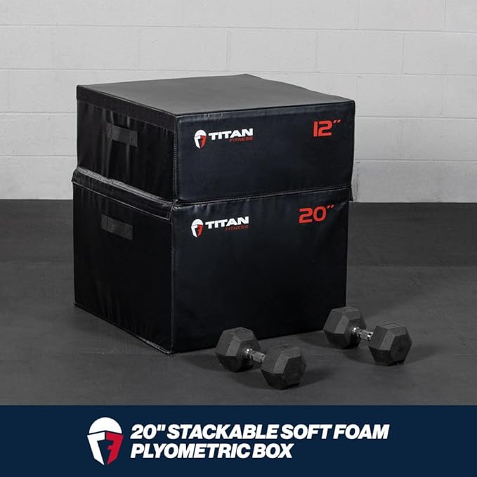 Titan Fitness 20" Stackable Soft Foam Plyometric Box, High Density EPE Foam Core Plyo Box, Step Up Exercise Platform, Box Squat, Step-Up, Box Jumps for Home Garage Gym Training
