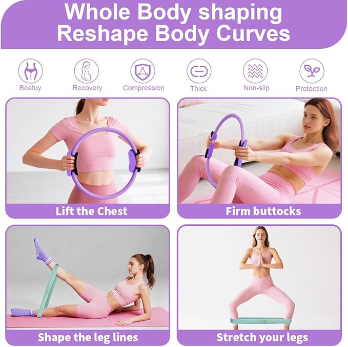 Pilates Equipment Kit for Women, Magic Circle Ring with Mini Ball, Multi Level Resistance Bands, Stretch Strap and Grip Socks, Women’s Day Gift