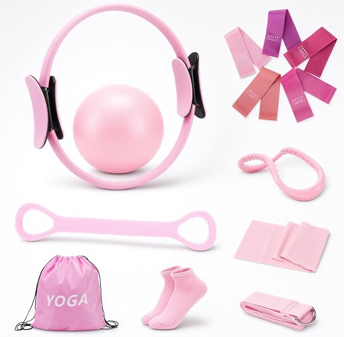 Pilates Ring Set for Women, Home Workout Pilates Equipment with Resistance Bands, 14'' Magic Circle, Mini Ball, Pilates Starter Kit for Strength