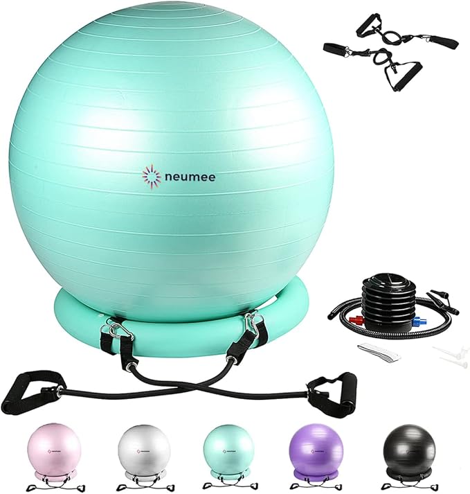 Yoga Ball Chair with 65cm Exercise Ball & 2 Resistance Bands, Stability Base for Home Office, Yoga, Pilates & Fitness, Balance Ball for Posture, Core Strength & Low Impact Workouts