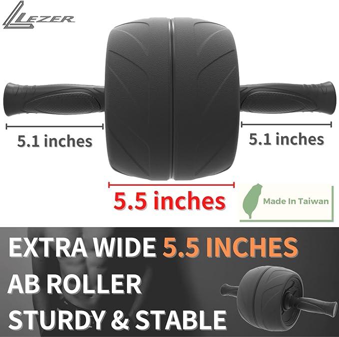 LEZER Ab Roller Wheel, Abdominal Workout, Extra Wide 5.5", Exercise Wheel, Home Gym Fitness Equipment, Core Strength, Muscle, Thick Knee Pad, Made In Taiwan Black