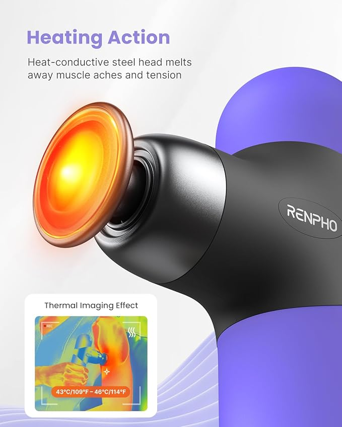 RENPHO Mini Thermal Massage Gun with Heat, Portable Deep Tissue Percussion Massager with 4 Heads for Neck & Back Comfort, Ultra-Quiet Operation for Home, Office & Travel, Includes Compact Carry Case