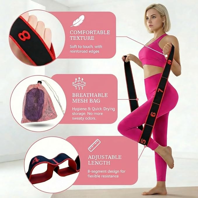 2 Pcs Fitness Resistance Band for Stretching and Yoga, Numbered Resistance Band with Loops & Breathable Mesh Bag, 8 Segment Elastic Strap for Pilates, Dance & Physical Therapy