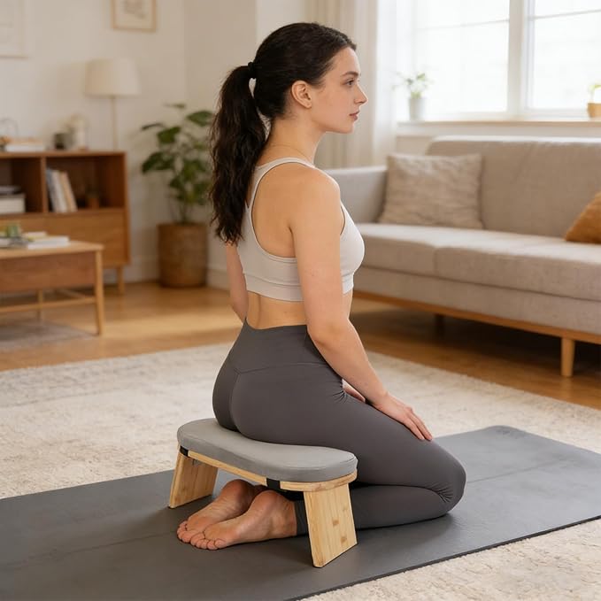 Bamboo Meditation Bench,Portable Bamboo Meditation Stool with Meditation Cushion, Foldable & 5°Ergonomic Tilt Kneeling Meditation Yoga Stool-396.83lbs Max. Load Capacity (Grey)