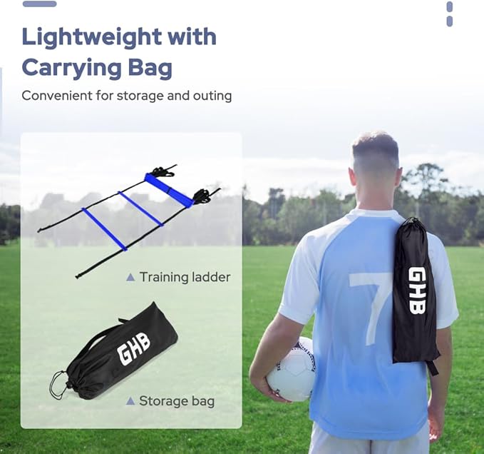 GHB Agility Ladder 1 Pack and Hex Agility Rings 1 Pack 12 Rung 20ft with 3 Carrying Bag