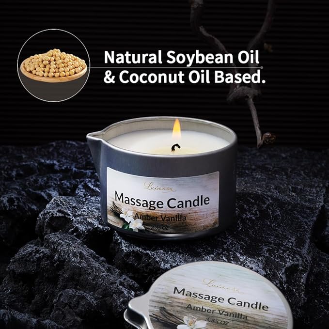 Massage Candle for Home SPA, 4 Pack Scented Soybean Massage Oil Candles Low Temp, Amazing Gift Set 13.4OZ (Scents: Mystic Plum, Amber Vanilla, Lemon Wasabi, Pineapple&Rum)