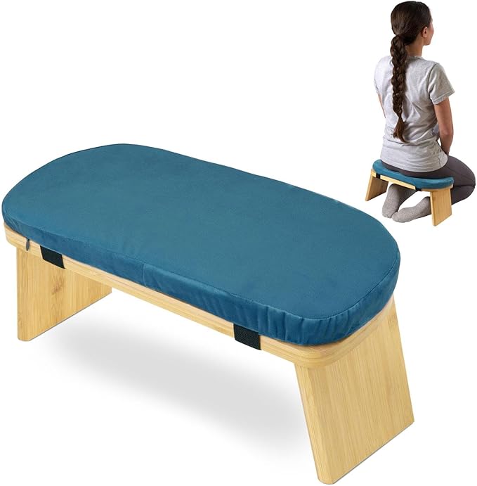Meditation Bench Prayer Bench with Soft Cushion Wooden Comfortable Portable Folding Kneeling Stool Prayer Stool, Blue