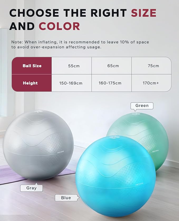 HAPBEAR Exercise Ball (22''/26''/30'') - Anti-Burst Slip-Resistant Yoga/Pilates Ball for Core Training & Posture Improvement, Home Gym/Rehab/Pregnancy Ball, Quick Pump & 3 Resistance Bands Included