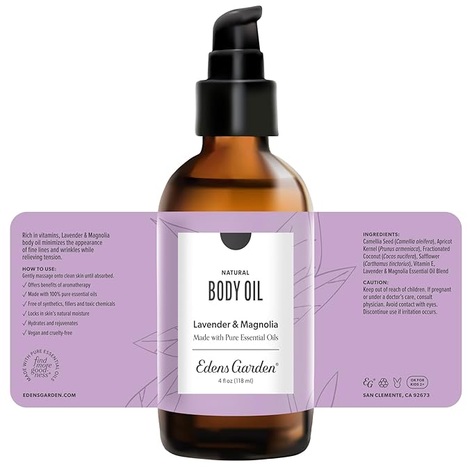 Edens Garden Lavender Magnolia Body & Bath Oil – Feminine Floral Blend with Pure Essential Oils & Vitamin E for Moisturizing Dry Skin – After Shower Scented Oil for Women’s Skin Care, 4 fl oz (118 ml)