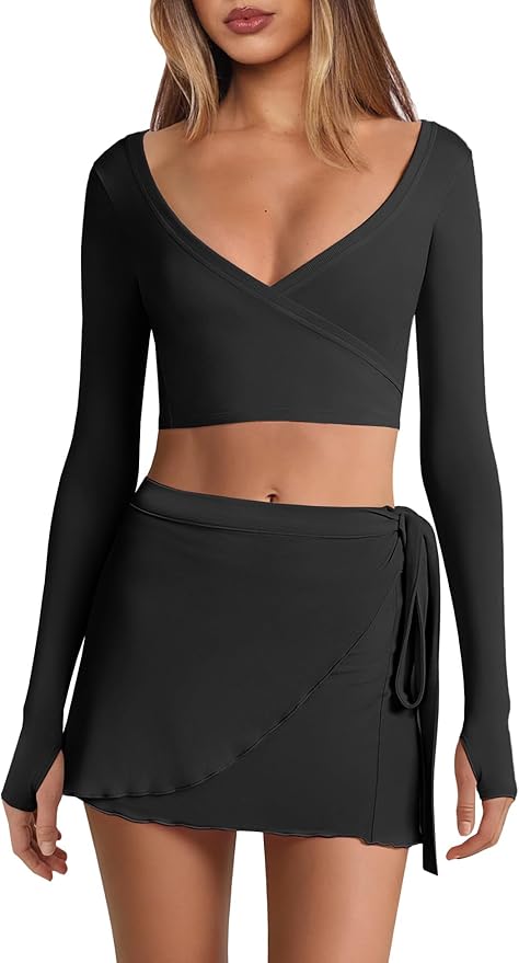 Nirovien Womens 2 Piece Workout Sets Sexy Pilates Outfits Athletic Gym Yoga Sets Ballet Wrap Top and Skirt