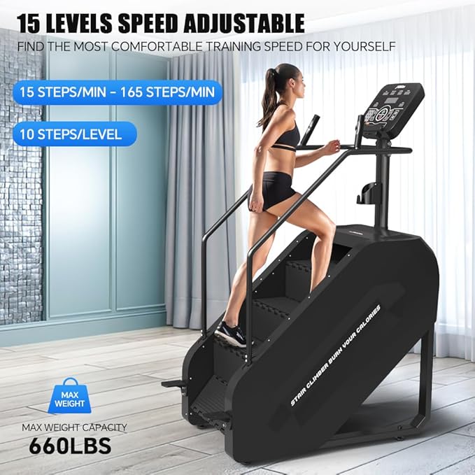 Stair Climber with LED Screen, Commercial Grade Stepmill Exercise Machine, 15 Speed Levels Stair Climber Stepping Machine for Cardio and Lower Body Workouts, 660LBS, 15-164 Steps/Minute