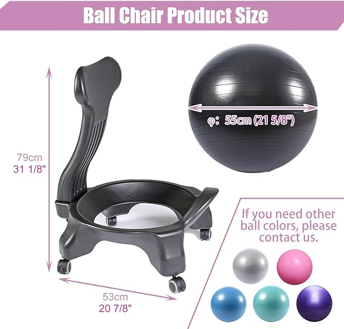 Black Φ55 cm (21 5/8") Yoga Ball Chair, Exercise Ball Chair Rolling Base for Adults, Stability Balance Ball Chair with Back Support