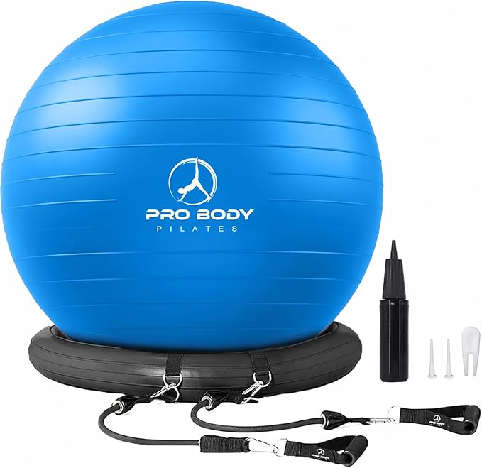 ProBody Pilates Yoga Ball Chair, Exercise Ball Chair with Base or Stand for Home Office Desk Sitting or Workout, 65cm Antiburst Balance & Stability Ball Seat, Large Gym Ball for Back, Abs