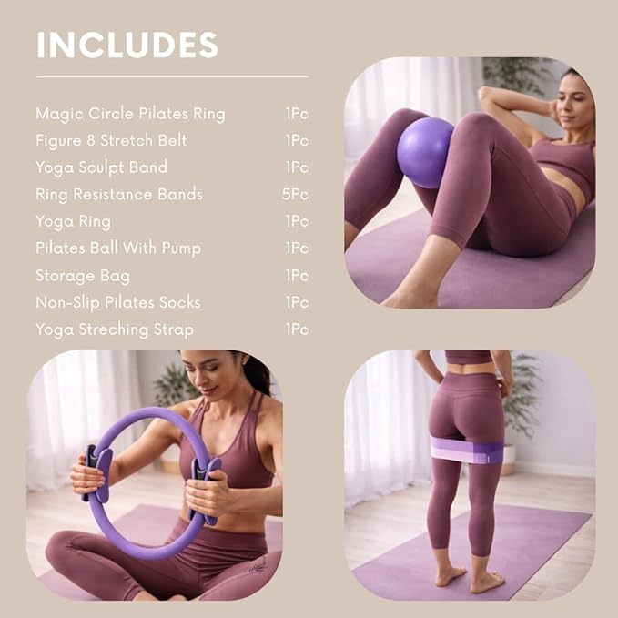 Pilates Kit for Home Workouts, Pilates Equipment Ring and Ball Set with Resistance Bands, Pilates Essentials Kit for Women, Home Pilates Workout Kit, Pilates Starter Kit for Women at Gym Studio Travel