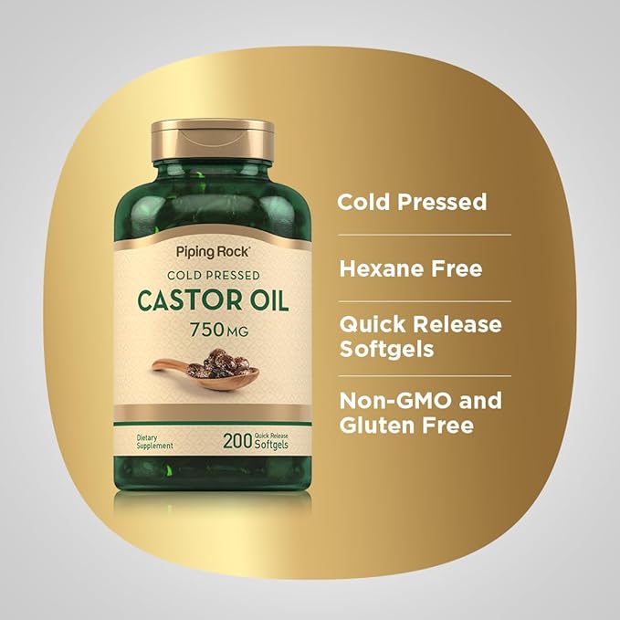 Piping Rock Castor Oil Softgel Capsules 750mg | 200 Count | Cold Pressed | Non-GMO, Gluten Free Supplement