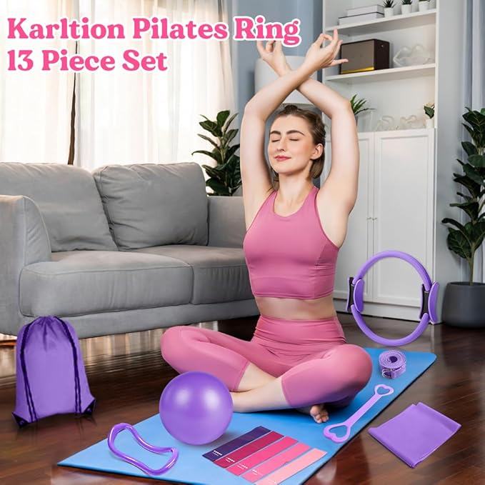 Pilates Ring 13 Piece Set,Pilates Kit for Women Exercise Equipment Accessories Deformation Magic Circle with Padded Handles, Workouts Ball, Guide & Bag, Resistance Bands for Legs Arms and Thighs