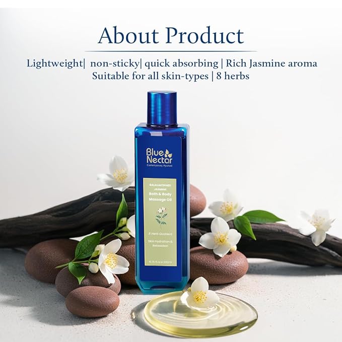 Blue Nectar Sensuous Jasmine Body Massage Oil for Relaxing Massage Therapy with Essential Oils | 100% Natural Ingredients (8 Herbs,3.4 fl oz)