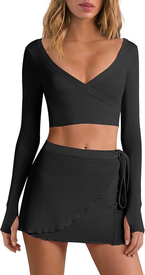 Nirovien Womens 2 Piece Workout Sets Sexy Pilates Outfits Athletic Gym Yoga Sets Ballet Wrap Top and Skirt