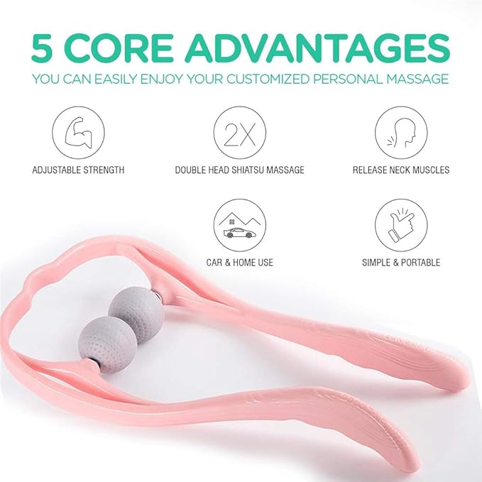 Neck Manual Massager, Portable Handheld Manual Neck Shoulder Massage Tool, Shiatsu Deep Tissue Pressure Trigger Point Neck Pain Relief Massage Roller Muscle Relaxation Massager for Home Office (Pink)