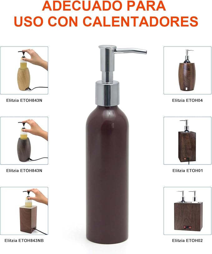 Elitzia Massage Oil Warmer Use Parts Pump Bottle 1 Pack 8.45oz/250ml Aluminium Pump Bottles for Solution Gel Lotion and Cream Use Suitable for ETOH01 ETOH02 ETLB01 ETLB02 ETOH843N ETOH843NB(Brown)