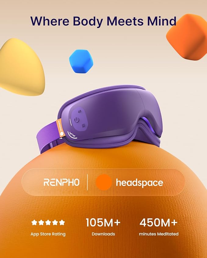RENPHO & Headspace Eye Massager with Heat, FSA Eligible HSA, Mothers Day Birthday Gifts for Women Her, Ultra-Quiet Eye Massager with Meditation Music, Lightweight Migraine Relief Eye Mask Eyeris Zen