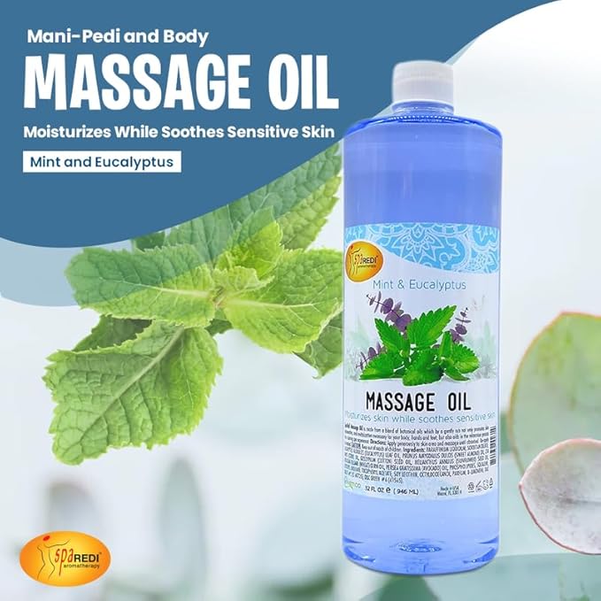 SPA REDI - Massage Oil, Mint Eucalyptus, 32 Oz - Professional Full Body Massage Therapy, Manicure, Pedicure - Relax Sore Muscles and Repair Dry Skin, Enhanced with High Absorption Oils and Vitamin E