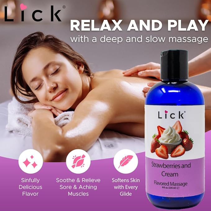 Lick Strawberries and Cream Flavored Massage Oil – 8 oz Edible Body Oil for Couples, Lightweight Formula for Glowing Skin