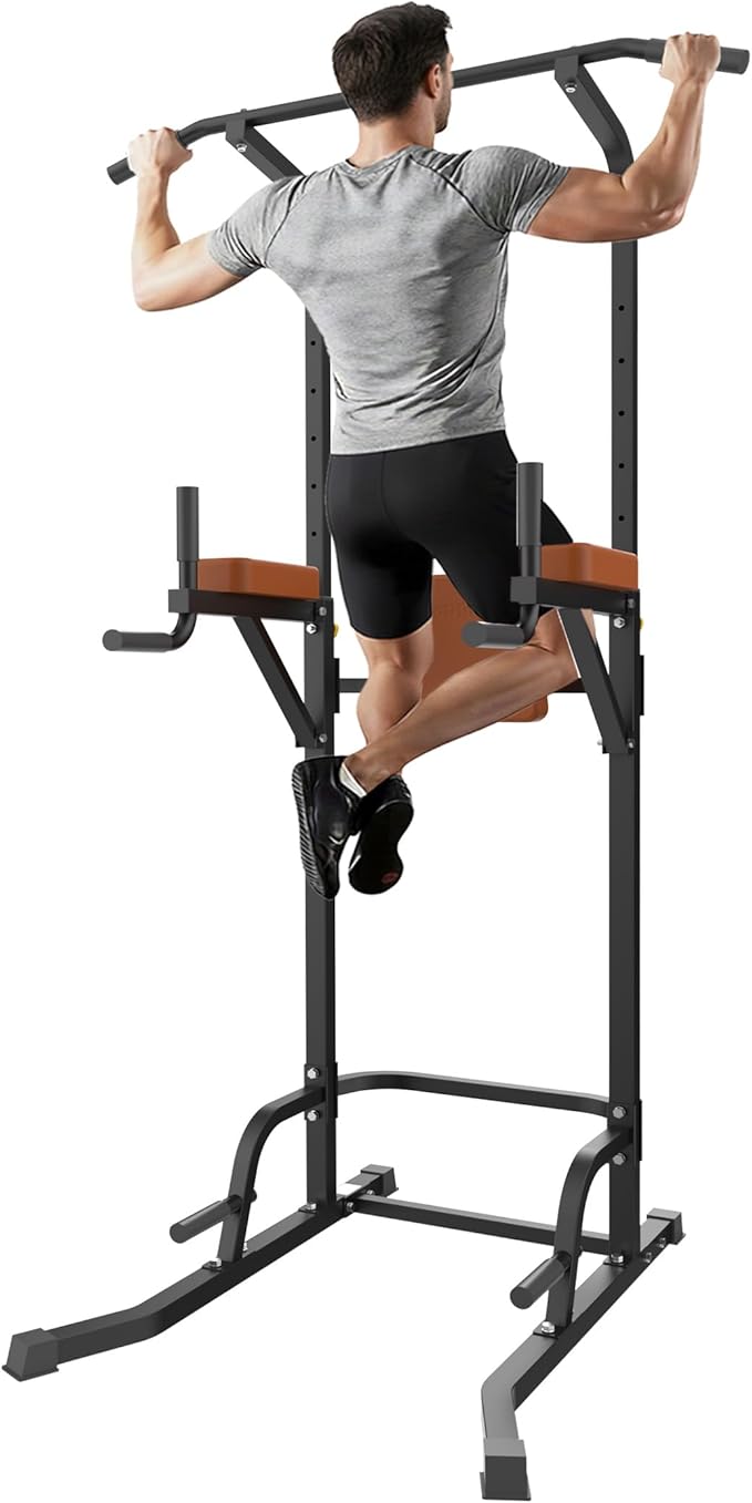 Power Tower Pull Up Station for Home Gym, Dip Station with Splayed H-Shaped Base, 440LBS Capacity, Adjustable Height Workout Station for Pull-ups, Dips & Leg Raises