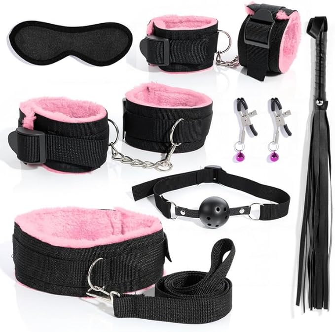 Pilates 7-Piece Pink Plush Nylon Hand and Foot Yoga Couple Set, Nylon Strap with Comfortable Clip, Portable Fitness Accessory