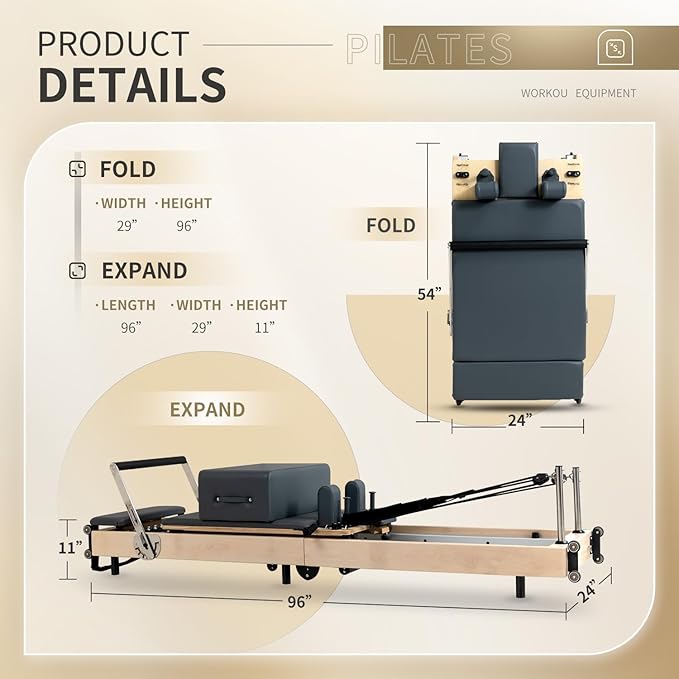 Foldable Pilates Reformer & Equipment - Pilates Reformer Workout Machine for Home Gym with Reformer Accessories, Reformer Box, Padded Jump Board - Up to 300 lbs Weight Capacity