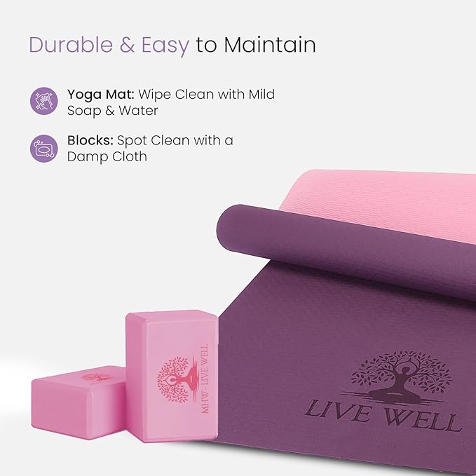 LIVE WELL Yoga Set for Women: 6mm Thick TPE Yoga Mat + 2 EVA Blocks, Pink - Best Yoga Mat, Exercise Mat for Home Gym