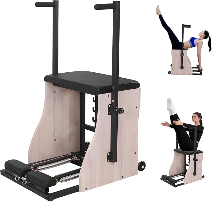 Generic Oak Wood Pilates Chair Reformer Machine Yoga Fitness Trainer with Adjustable Resistance Handles and Split Pedals for Home Use Gym Workout Rehabilitation