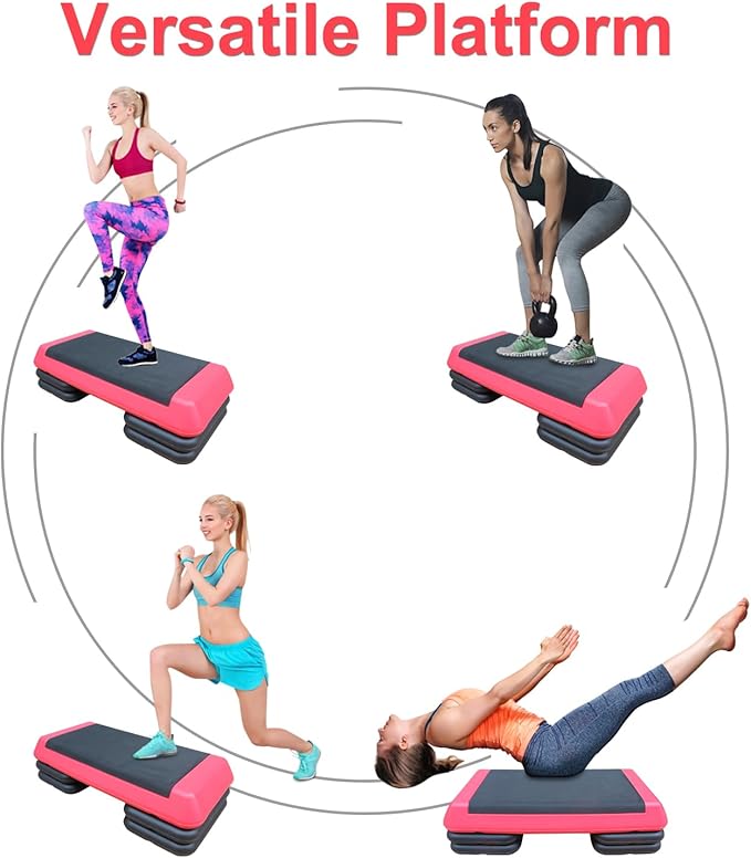 GOWE Adjustable Workout Aerobic Stepper in Fitness & Exercise Step Platform Trainer Red Black with 2 Risers