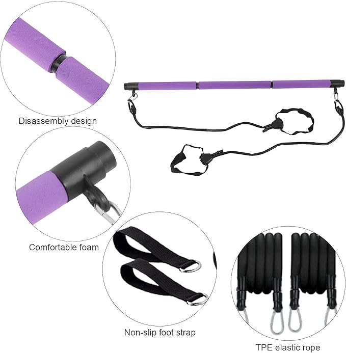 Adjustable Pilates Bar 3 Sections Portable Pilates Workout Stick Body Building Puller for Home Gym Full Body Exercise Steel Pipe Foam Cover 35 Inches