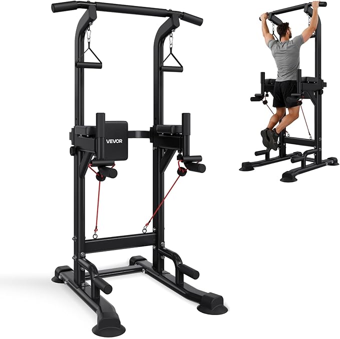 VEVOR Pull Up Bar, 330 LBS Power Tower Dip Station, Workout Dip Station with H-Shaped Stable Base & Back Pad, Adjustable 12 Level Height Free Standing Chin Up Bar for Back, 4-Level Adjustable Back Pad