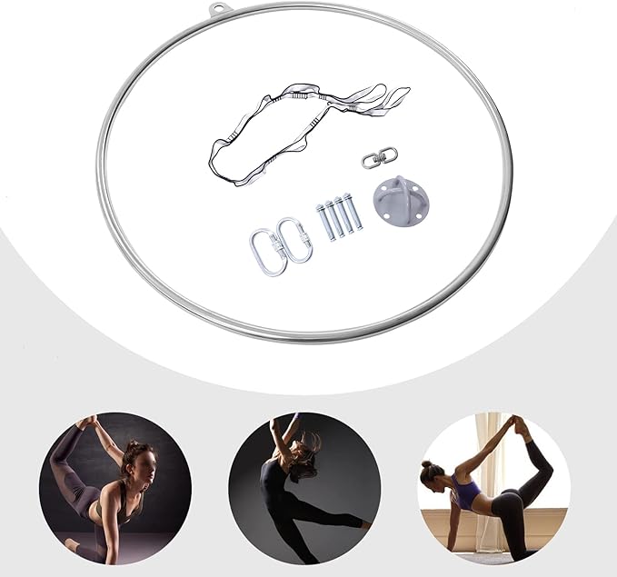 Complete Aerial Hoop Kit Professional Aerial Lyra Hoop Set Pilates Ring Single Point Yoga Ring Dancing Circus Aerial Yoga Equipment for Dancing Yoga Training,Silver