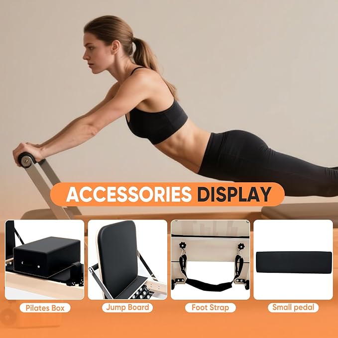 Professional Pilates Reformer Machine for Home – Full-Body Workout Reformer with Jumpboard, Box & Foot Straps – Smooth Glide System, Adjustable Resistance, Solid Wood Frame