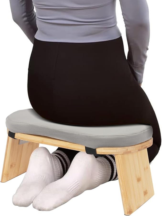 Meditation Bench, Bamboo Meditation Stool, Folding Kneeling Meditation Bench, Seiza Prayer Bench, Prayer Bench with Meditation Cushion(Gray Color)