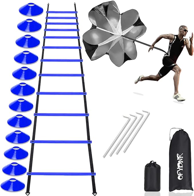 OFYDNR Speed Agility Ladder Training Set, 12 Rung 20Ft Agility Ladder, 12 Disc Cones, 4 Steel Stakes, Resistance Parachute with Carry Bag